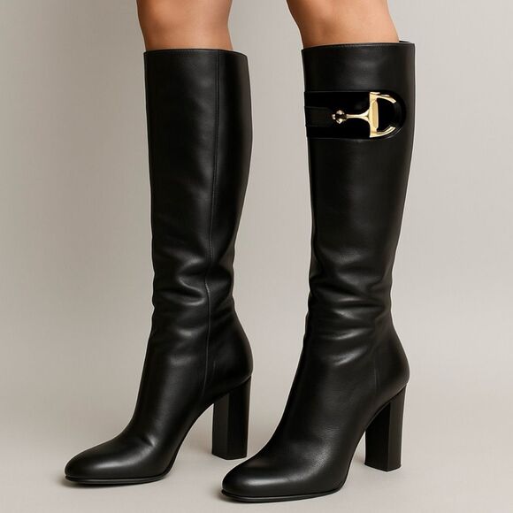 GUCCI Hasler Horsebit Black Leather Boot Size 39.5 US 9.5 Heeled Knee Square Toe - Picture 2 of 13